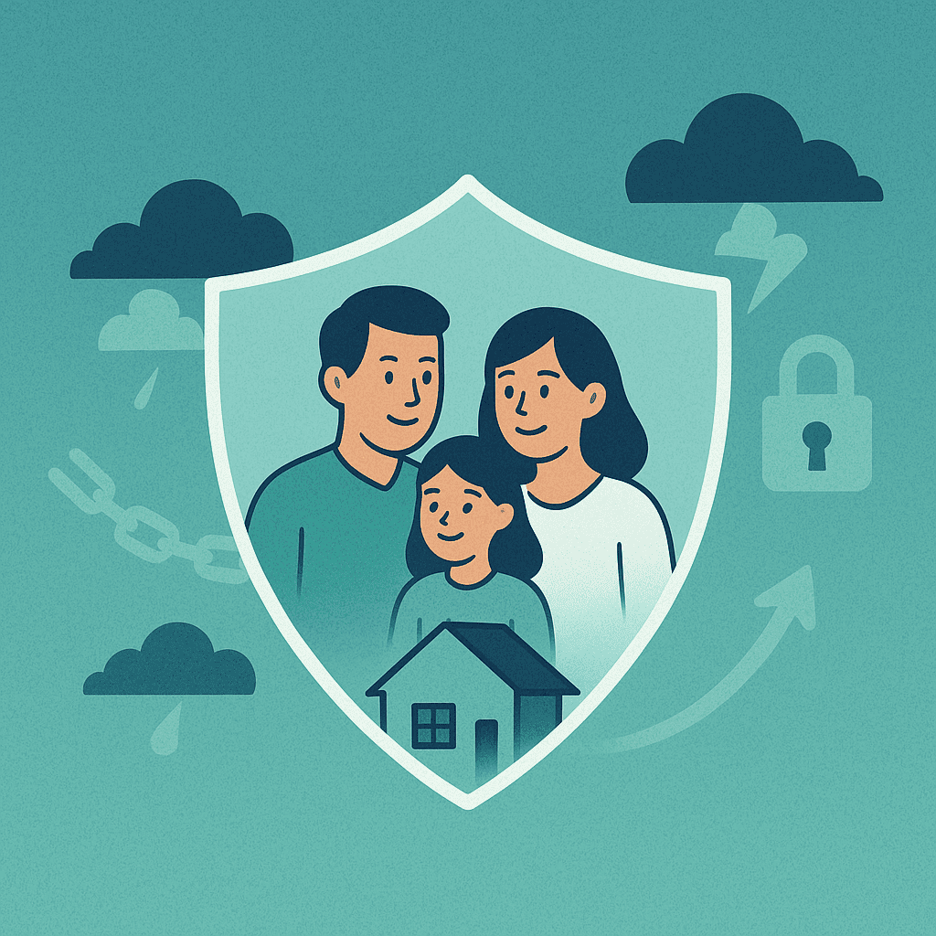A modern illustration of a transparent shield protecting a family and their home from storm clouds, symbolizing the financial protection and security that insurance provides. The image's calming colors align with the article's theme of a beginner's guide to insurance for peace of mind.