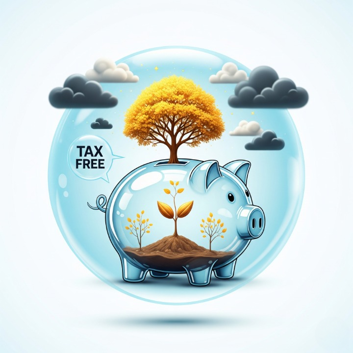 An illustration of a piggy bank containing a golden tree, which represents investment growth. A glowing shield protects the piggy bank from "tax" clouds, symbolizing the tax-free growth and withdrawals offered by a Roth IRA.