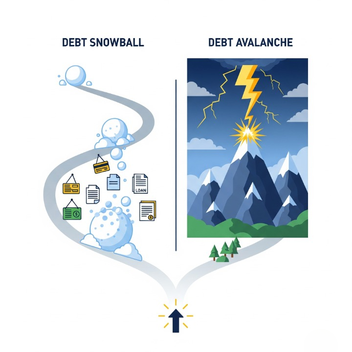 A split-image illustration comparing debt payoff methods. One side shows a "Debt Snowball" growing as it rolls downhill. The other side shows a "Debt Avalanche" striking the highest peak first. This symbolizes the two main strategies for getting out of debt.