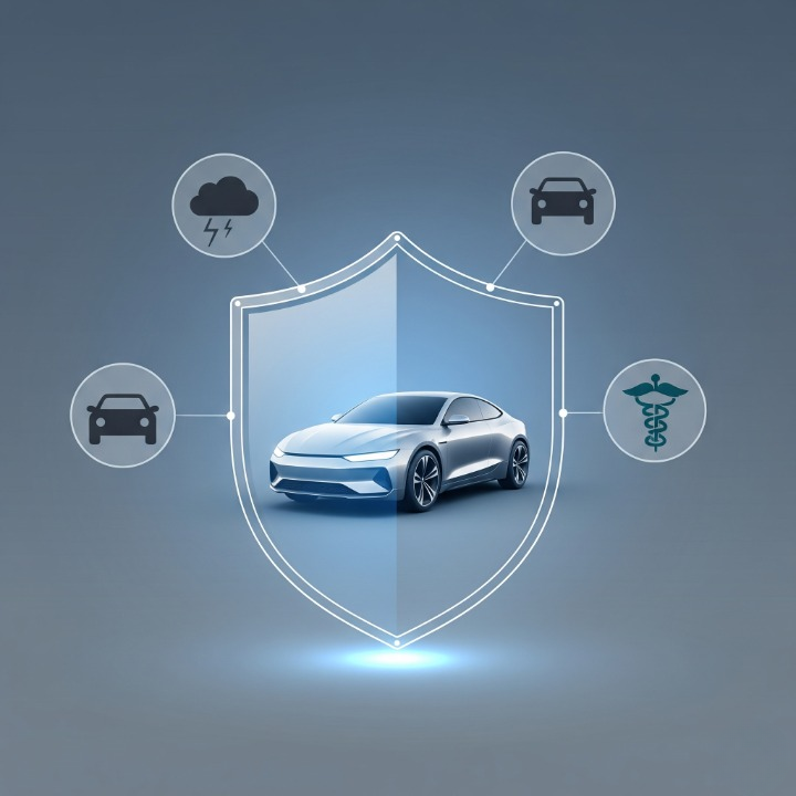 An illustration of a car protected by a glowing shield from various road risks, including other cars and storm clouds. This symbolizes how auto insurance and its different coverages provide financial protection for drivers.