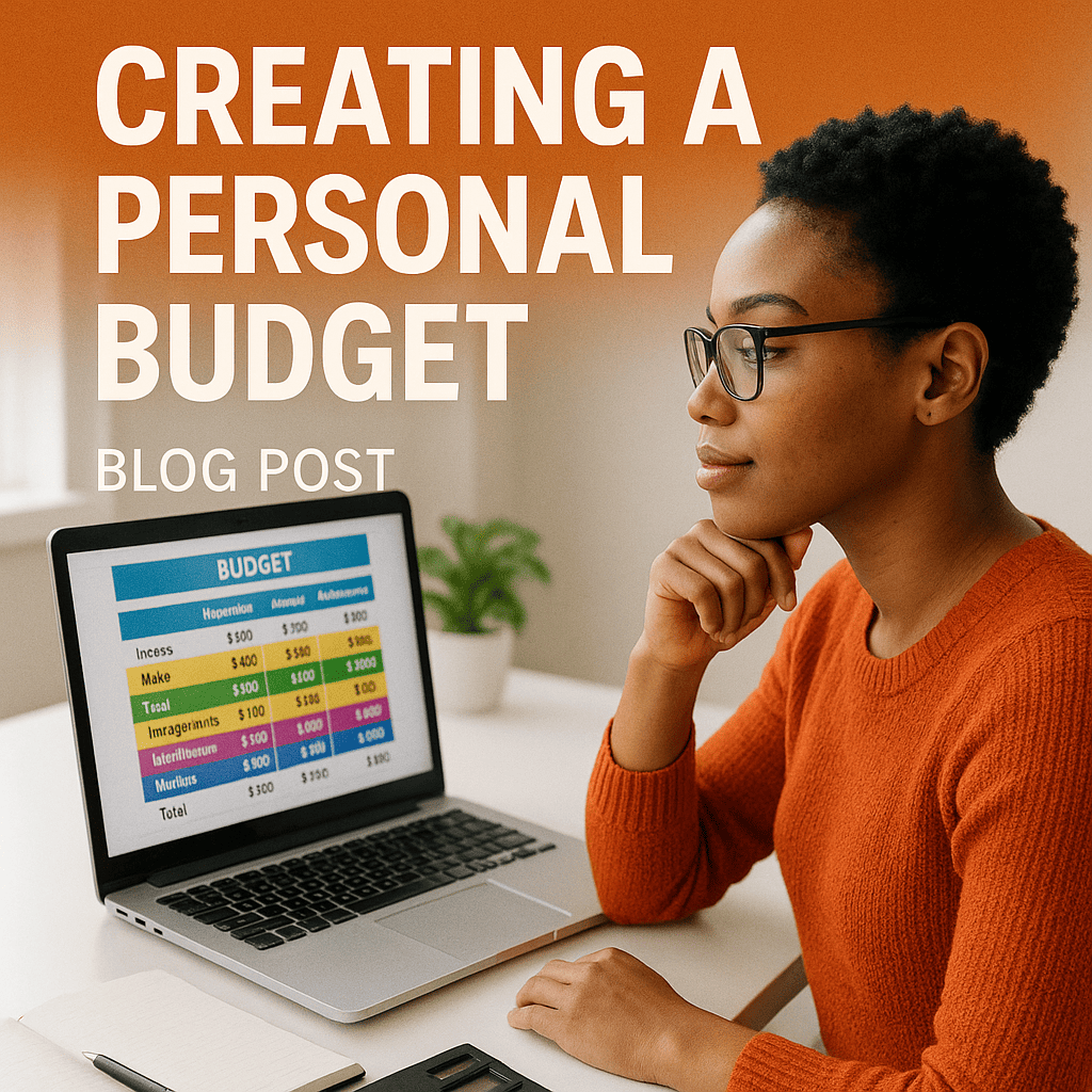 A young professional sits at a modern desk, focused on their laptop which shows a budgeting spreadsheet. The scene is bright and organized, with a notebook and calculator nearby, representing the theme of financial planning and how to create a personal budget for a successful financial future.