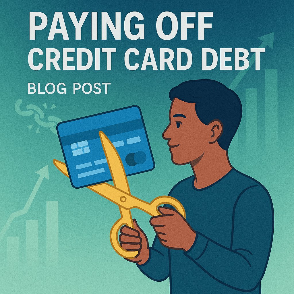 An illustrative image of a person using large golden scissors to cut a credit card in half, symbolizing taking control of debt. The background shows broken chains and positive financial graphs, aligning with the article's theme of achieving financial freedom by paying off credit card debt.