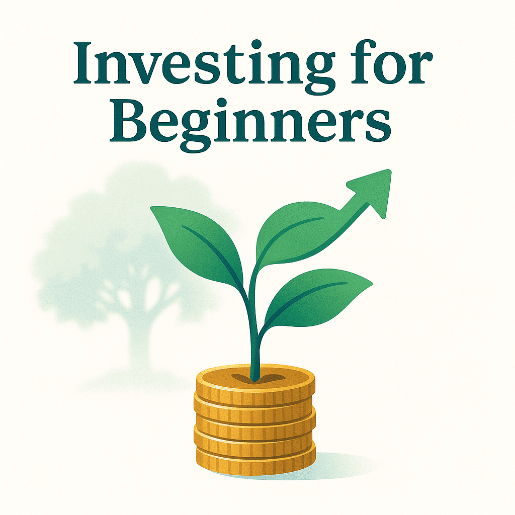 An optimistic illustration of a small tree sapling growing from a stack of golden coins, symbolizing the start of an investment journey. The background shows the silhouette of a large, mature tree, representing long-term wealth and the growth potential detailed in this beginner's guide to investing.
