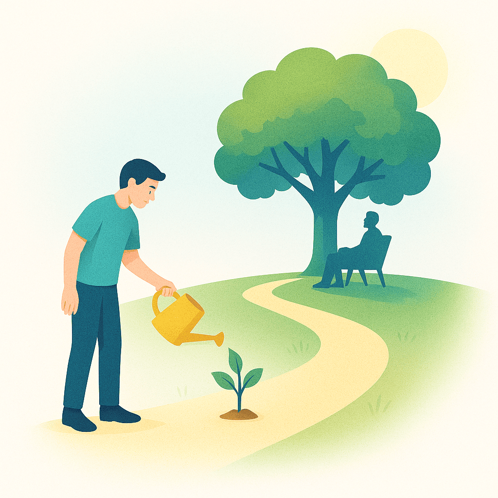 An illustrative image showing a young person watering a small sapling, which casts a shadow of a large, mature tree where an older person is relaxing. This visual metaphor represents the long-term benefits of starting retirement planning early, as explained in this beginner's guide.