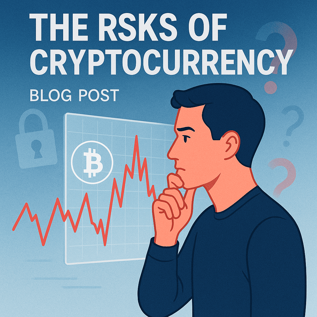 A modern illustration showing a person analyzing a volatile cryptocurrency chart on a futuristic screen. The background includes symbols of a lock and a question mark, representing the article's theme on the risks of cryptocurrency, including security and market uncertainty.