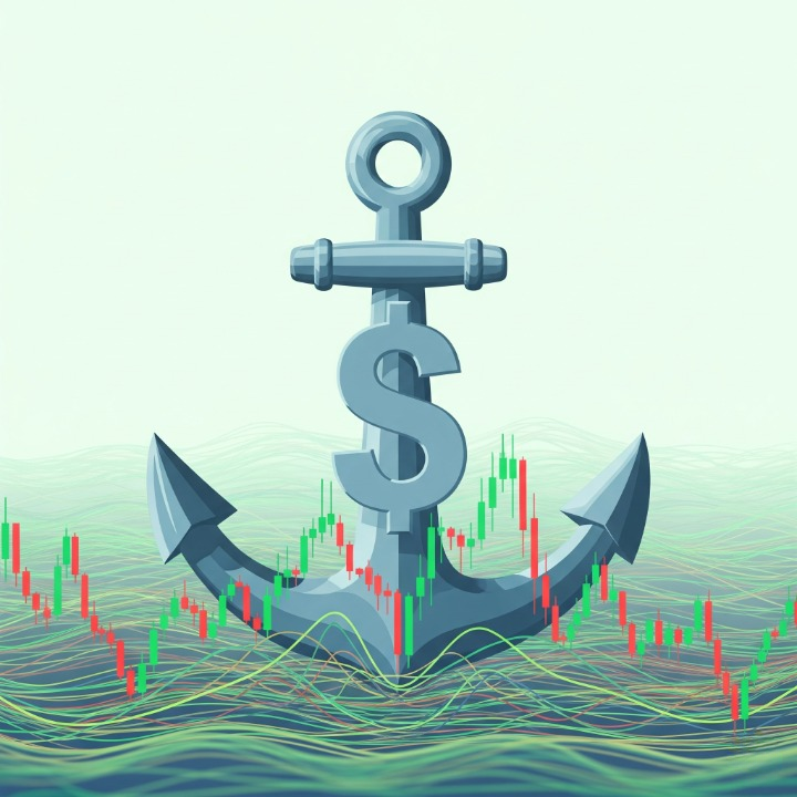 An illustration of a large, sturdy anchor with a dollar sign on it, providing stability amidst a background of volatile, wavy lines. The image symbolizes how stablecoins are designed to maintain a stable value in the otherwise volatile cryptocurrency market.