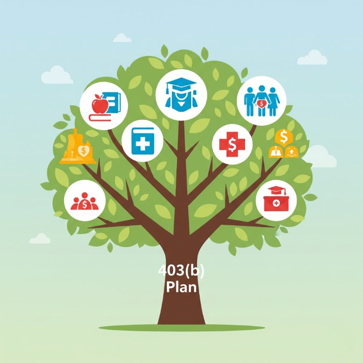 An illustration of a large, healthy tree labeled "403(b) Plan." Its branches hold symbols representing education, healthcare, and non-profit work. The image symbolizes how a 403(b) helps public service employees grow a secure retirement.