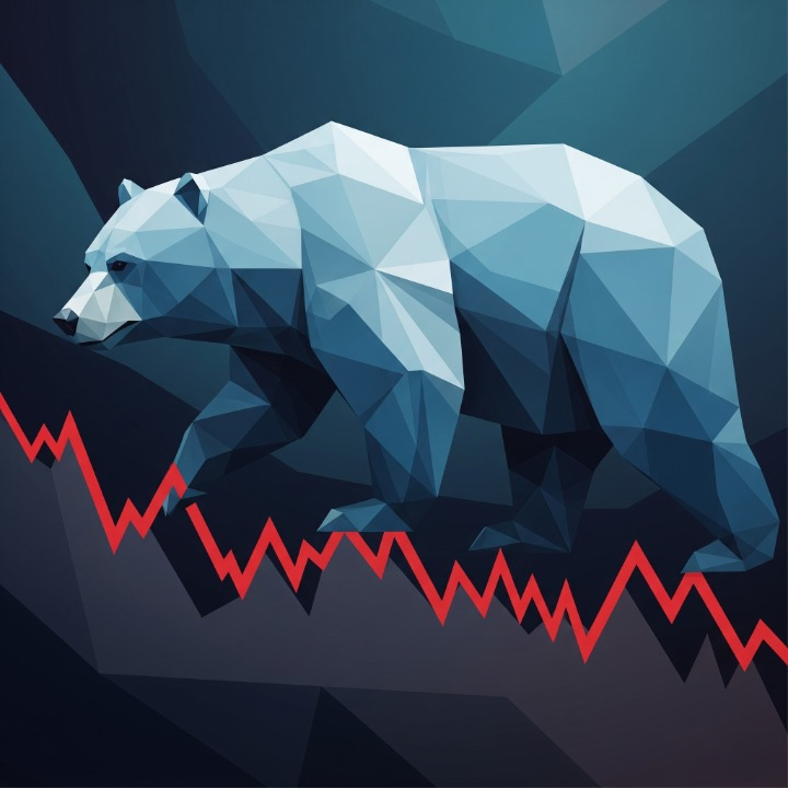 An illustration of a large, geometric bear walking down a declining red chart line. This image symbolizes a stock market bear market, a period of sustained downward price movement and negative market sentiment.
