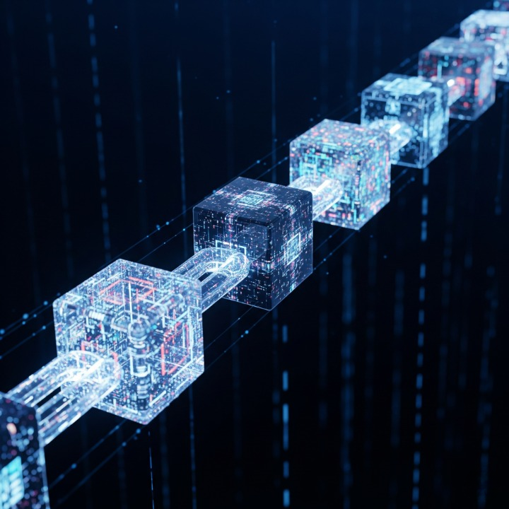 A futuristic illustration of a chain of glowing, interconnected digital blocks, representing a blockchain. Each block contains a unique pattern, and the secure links between them glow brightly. The image symbolizes the secure, interconnected, and technological nature of blockchain technology, as explained in the article.