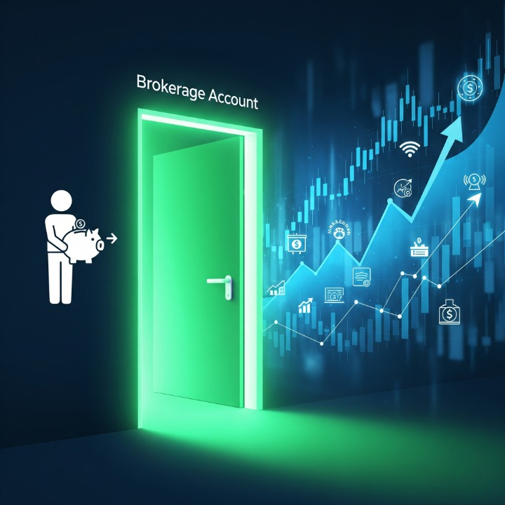 An illustration of a doorway labeled "Brokerage Account" acting as a portal. A person with a piggy bank stands on one side, looking through to a vibrant financial market on the other. This symbolizes how a brokerage account is the gateway to investing.