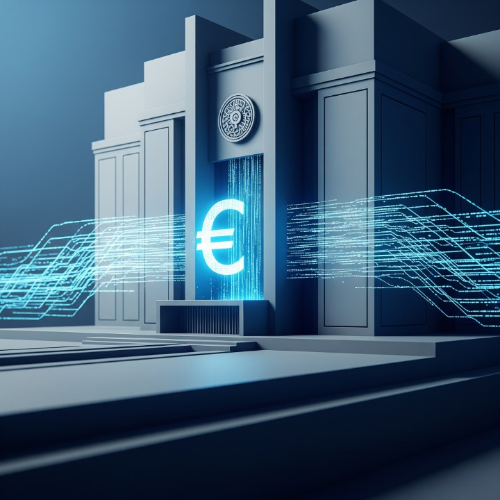 An illustration of a central bank building issuing a glowing, digital currency symbol. This image represents a Central Bank Digital Currency (CBDC), which is a digital form of a country's official money issued and controlled by the government.