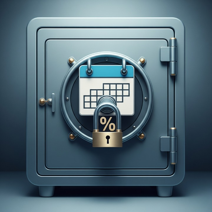 An illustration of a secure vault with a calendar and a percentage sign locked on the door. This image symbolizes a Certificate of Deposit (CD), which locks in a fixed interest rate for a specific term, providing secure, predictable savings growth.