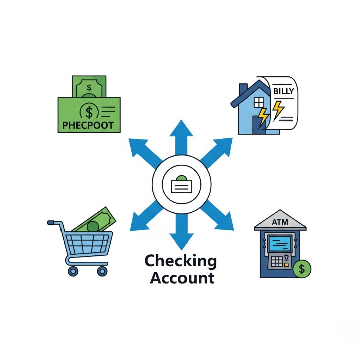 An illustration of a central hub labeled "Checking Account." Arrows point from the hub to icons for paychecks, bills, and shopping. This symbolizes how a checking account is the command center for managing daily income and expenses.