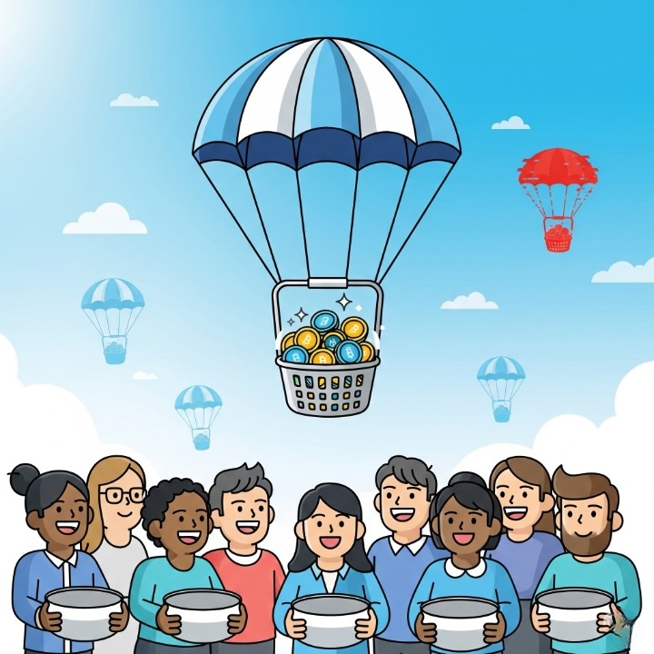 An illustration of a parachute carrying a basket of glowing crypto coins, dropping them to people below. This image symbolizes a crypto airdrop, which is a method of distributing free tokens to a wide audience as a marketing strategy.