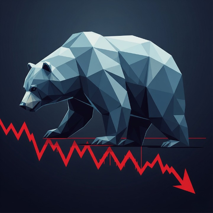 An illustration of a large, geometric bear walking down a declining red chart line. This image symbolizes a crypto bear market, a period of sustained downward price movement and negative market sentiment.