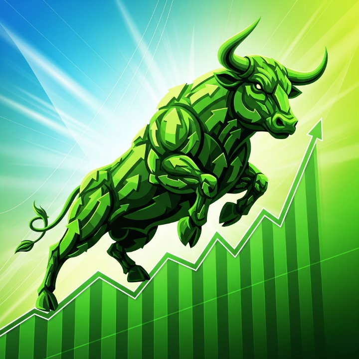 An illustration of a large, powerful bull made of green, upward-pointing arrows. The bull is charging up a rising green chart line, symbolizing a crypto bull market, which is a period of sustained upward price movement and positive market sentiment.