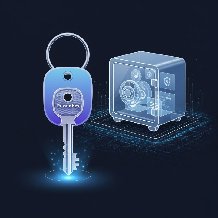 An illustration of a digital keychain holding a glowing "Private Key." The key provides access to a secure safe on a blockchain grid, symbolizing how a crypto wallet uses private keys to manage and secure digital assets.