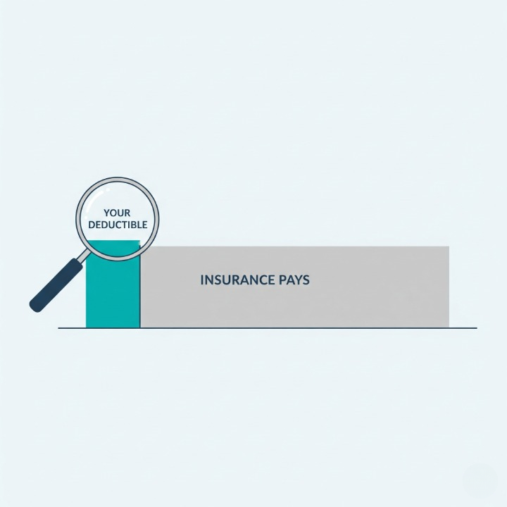 A minimalist bar chart illustration explaining an insurance deductible. The first, smaller part of the bar is labeled "Your Deductible," and the larger part is labeled "Insurance Pays." This visual aid clearly represents the concept of paying a deductible before insurance coverage begins.