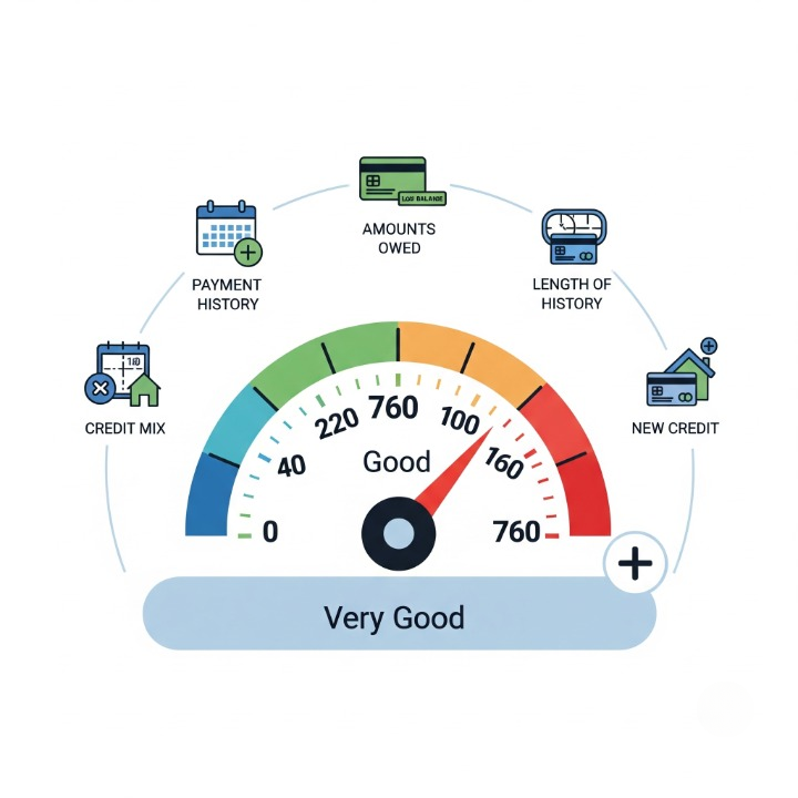 An illustration of a credit score speedometer showing a high score. It is surrounded by five icons representing the factors that make up a FICO Score, such as payment history and amounts owed. This visual explains the components of a person's credit score.