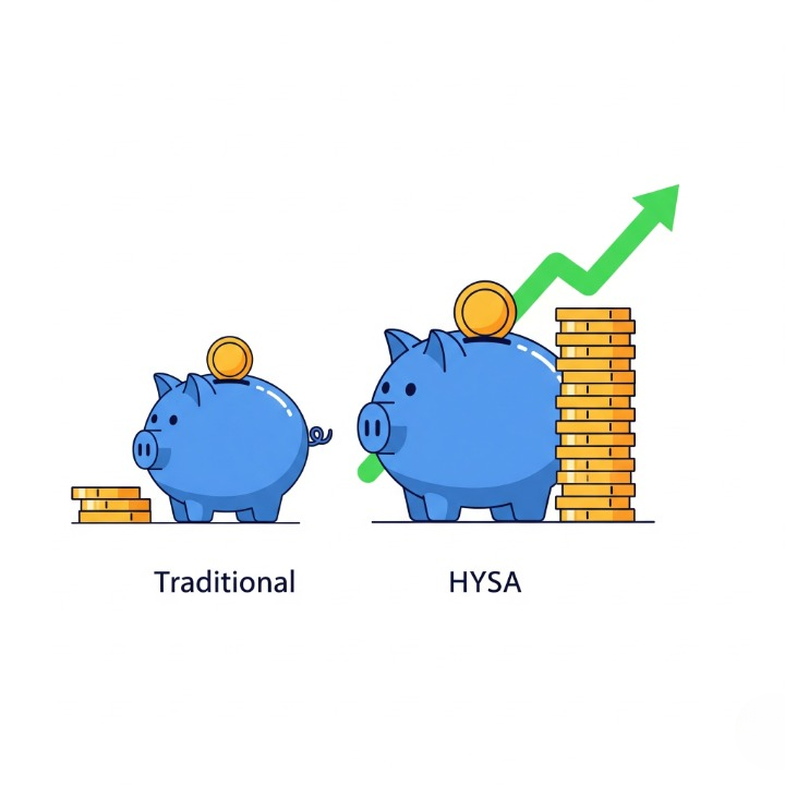 An illustration comparing two piggy banks. One, labeled "Traditional," has very few coins. The other, labeled "HYSA," has a large stack of coins and a green arrow pointing up, symbolizing the higher growth and interest rates of a High-Yield Savings Account.