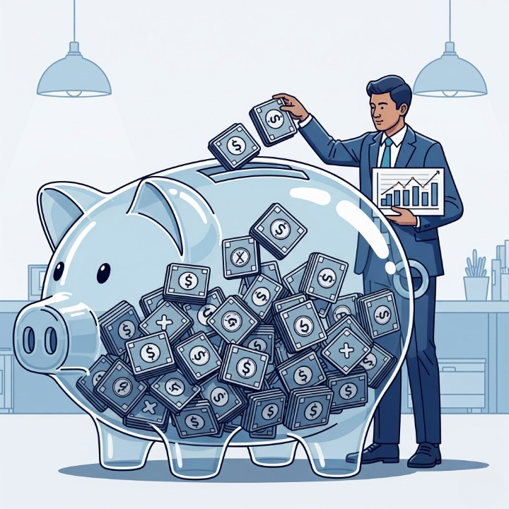 An illustration of a professional fund manager placing icons of stocks and bonds into a large, transparent piggy bank. This symbolizes a mutual fund, where a manager invests pooled money from many people into a diversified portfolio.
