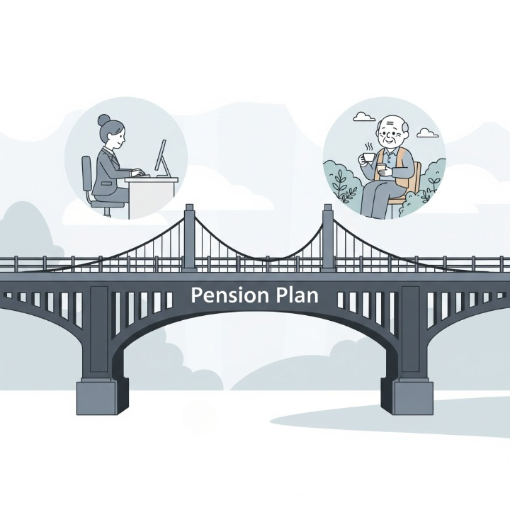 An illustration of a solid bridge labeled "Pension Plan" that securely connects a working professional on one side to a happy retiree on the other. This image symbolizes how a pension provides a secure and guaranteed path to retirement income.