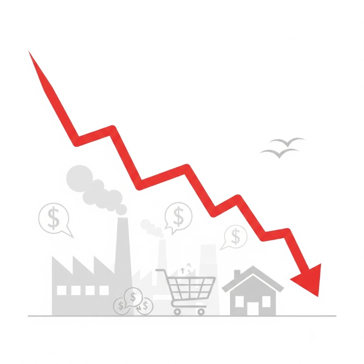 An illustration of a red, downward-trending economic chart line in front of icons representing industry and housing. This image symbolizes a recession, which is a period of significant economic downturn and contraction.