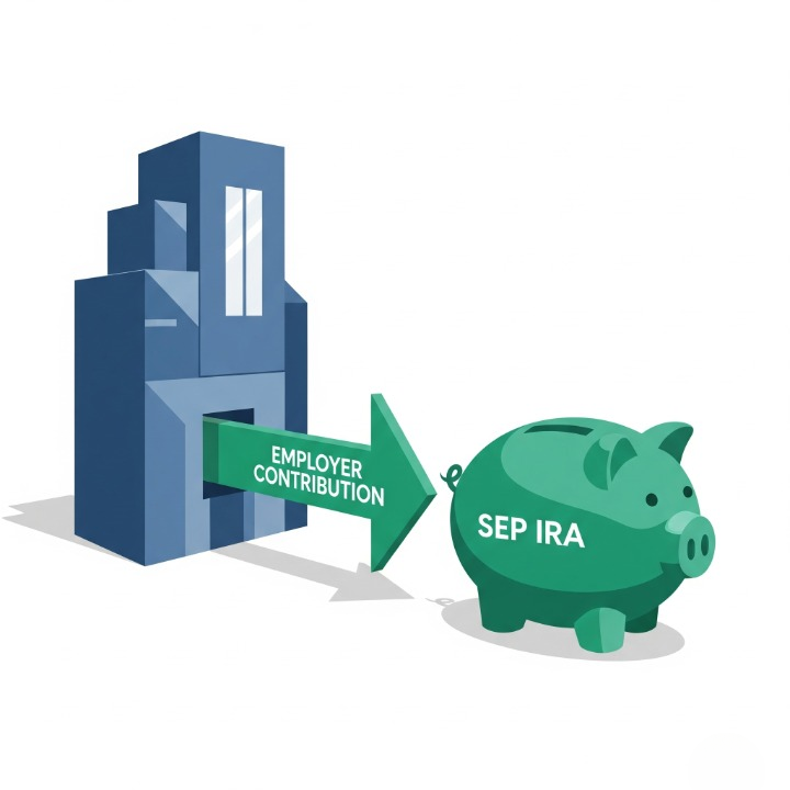 An illustration showing a large arrow labeled "Employer Contribution" moving from a small business building to a piggy bank labeled "SEP IRA." This symbolizes how a SEP IRA is a simple retirement plan funded directly by the business.