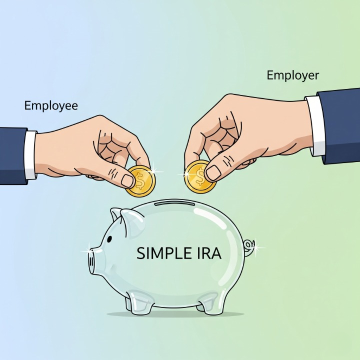 An illustration of two hands, one from an "Employee" and one from an "Employer," both putting coins into a "SIMPLE IRA" piggy bank. This symbolizes the partnership and matching contributions that define a SIMPLE IRA retirement plan.