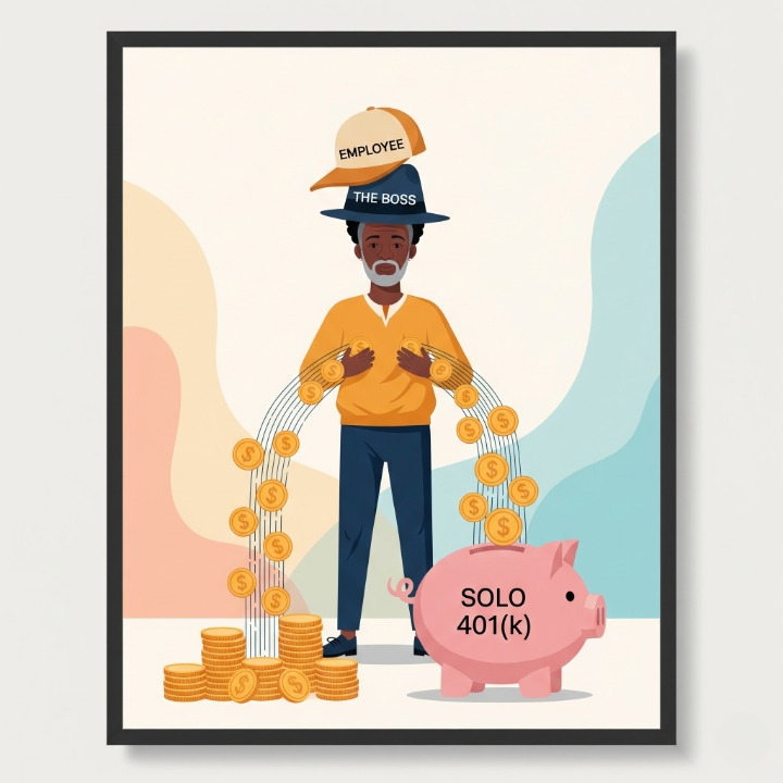 An illustration of a self-employed person wearing two hats, one for an "employee" and one for "the boss." This symbolizes the dual-contribution structure of a Solo 401(k) plan, allowing them to save for retirement in both roles.