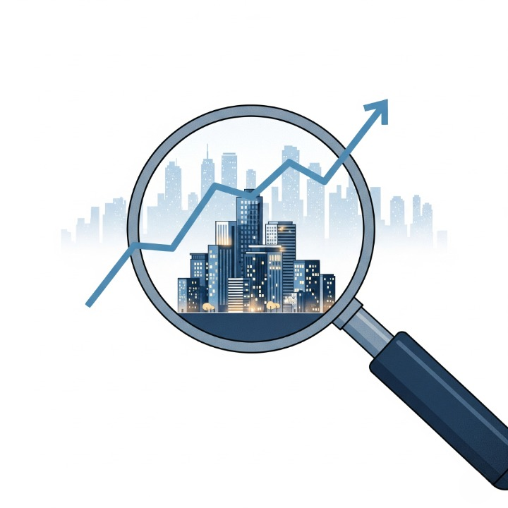 An illustration of a magnifying glass focused on a small group of buildings within a larger city skyline. This symbolizes a stock market index, which measures the performance of a representative sample of stocks to gauge the health of the entire market.