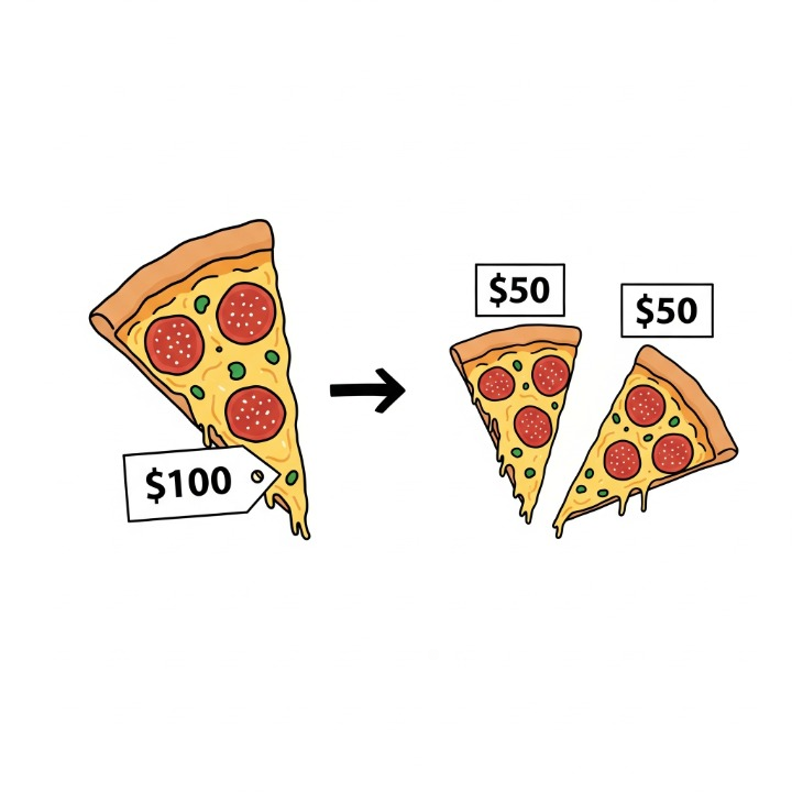 An illustration demonstrating a stock split using a pizza slice analogy. A single, large slice of pizza worth $100 is shown being split into two smaller slices, each worth $50, clearly explaining how the total value remains the same.