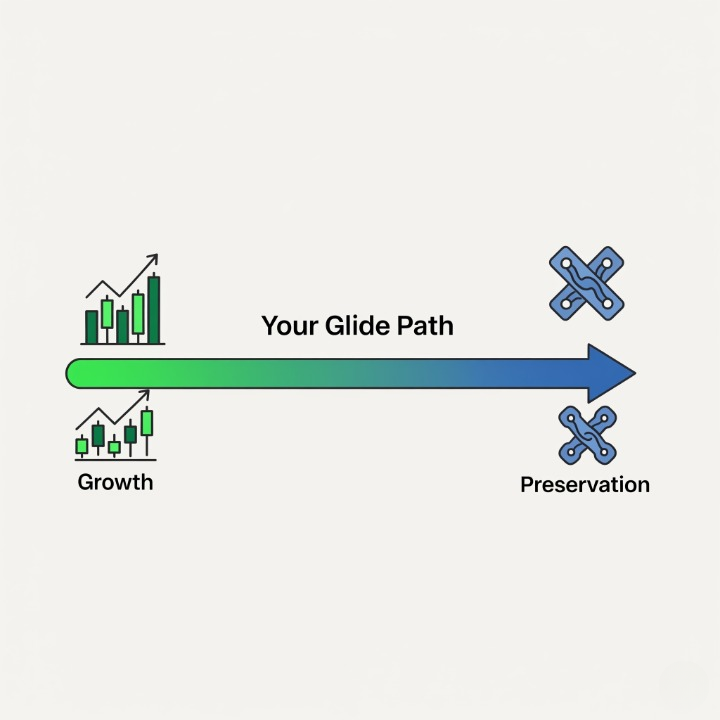 An illustration of a "Glide Path" arrow. It moves from a "Growth" phase with stock icons to a "Preservation" phase with bond icons. This symbolizes how a target-date fund automatically shifts from an aggressive to a conservative strategy as retirement approaches.