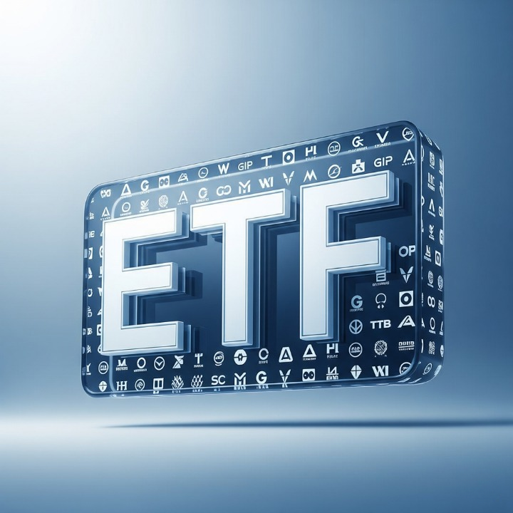 An illustration of a stock ticker symbol labeled "ETF." The ticker is transparent, showing many different company logos inside, symbolizing how an Exchange-Traded Fund contains a diversified portfolio of many stocks but trades like a single entity.