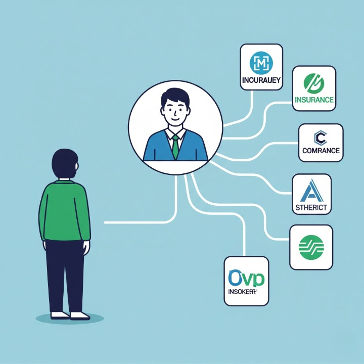An illustration of a client connected to a single insurance broker, who is in turn connected to multiple different insurance companies. This symbolizes how a broker works for the client to find the best options from across the insurance market.