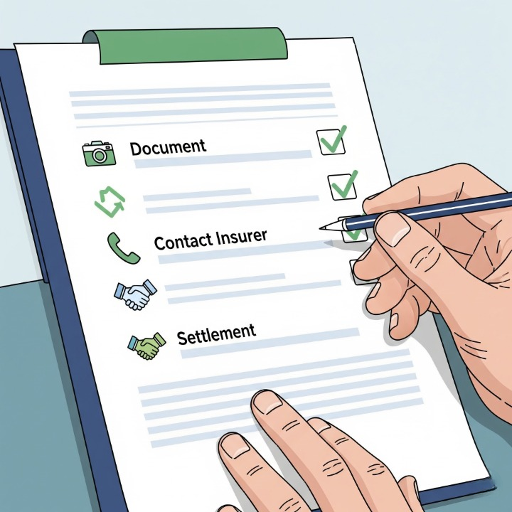 An illustration of a hand checking off items on a claims process checklist, with icons for documenting, contacting the insurer, and settlement. This image symbolizes a clear and manageable step-by-step guide to filing an insurance claim.