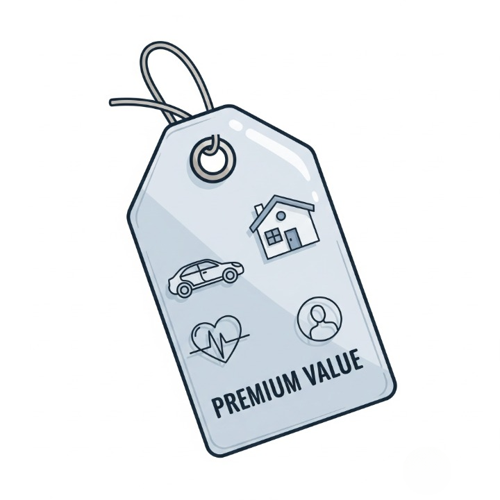 An illustration of a large price tag containing icons of a car, a house, and a person's profile. This image symbolizes an insurance premium, which is the price of a policy determined by various personal risk factors.
