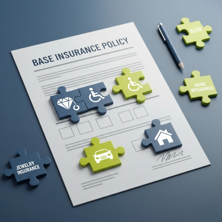 An illustration of a base insurance policy document. Smaller puzzle pieces with icons representing specific coverages (like jewelry) are being added to it. This symbolizes how insurance riders are add-ons that customize and complete your policy.