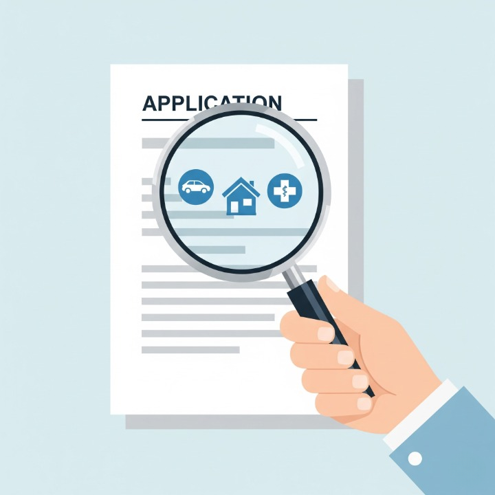 An illustration of a magnifying glass closely examining an insurance application, revealing risk icons for a car, house, and health. This symbolizes the detailed risk assessment process performed by an insurance underwriter.