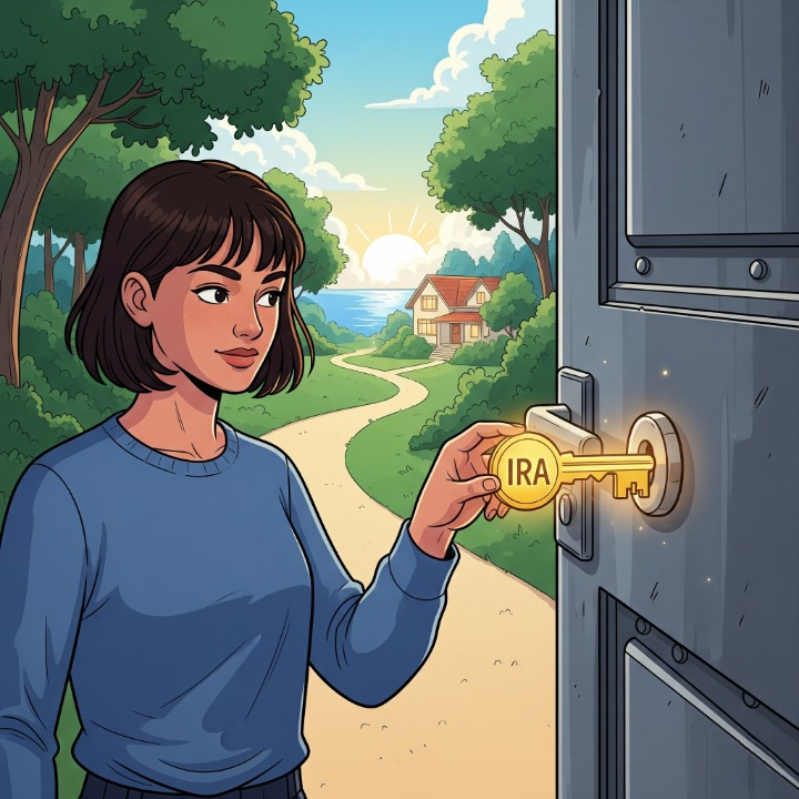 An illustration of a person holding a key labeled "IRA" and unlocking a door to a bright, secure future. The image symbolizes how an Individual Retirement Account is a key tool for taking control of your personal retirement savings and achieving your long-term financial goals.