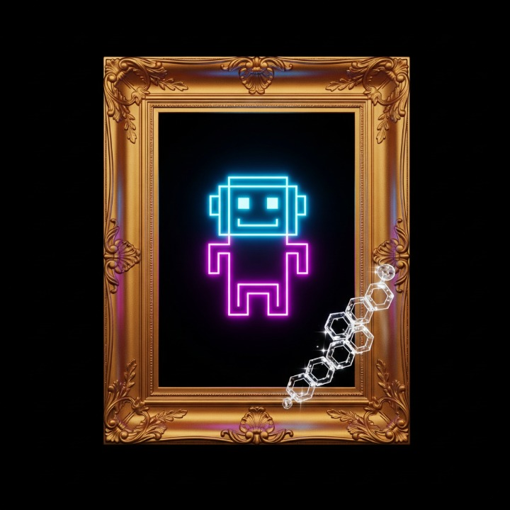 An illustration of a classic picture frame surrounding a piece of pixelated digital art. A small blockchain is attached to the frame, symbolizing how an NFT (Non-Fungible Token) provides a verifiable record of ownership for a unique digital asset.