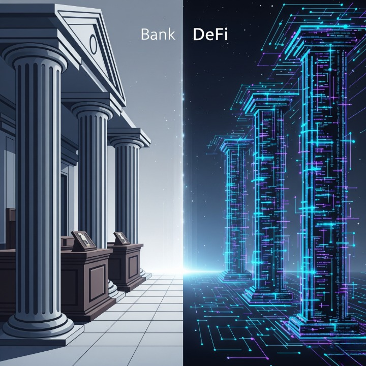 A conceptual illustration comparing traditional finance, shown as solid stone pillars, to Decentralized Finance (DeFi), shown as a network of glowing digital nodes. This image symbolizes DeFi's mission to rebuild financial services on the blockchain.