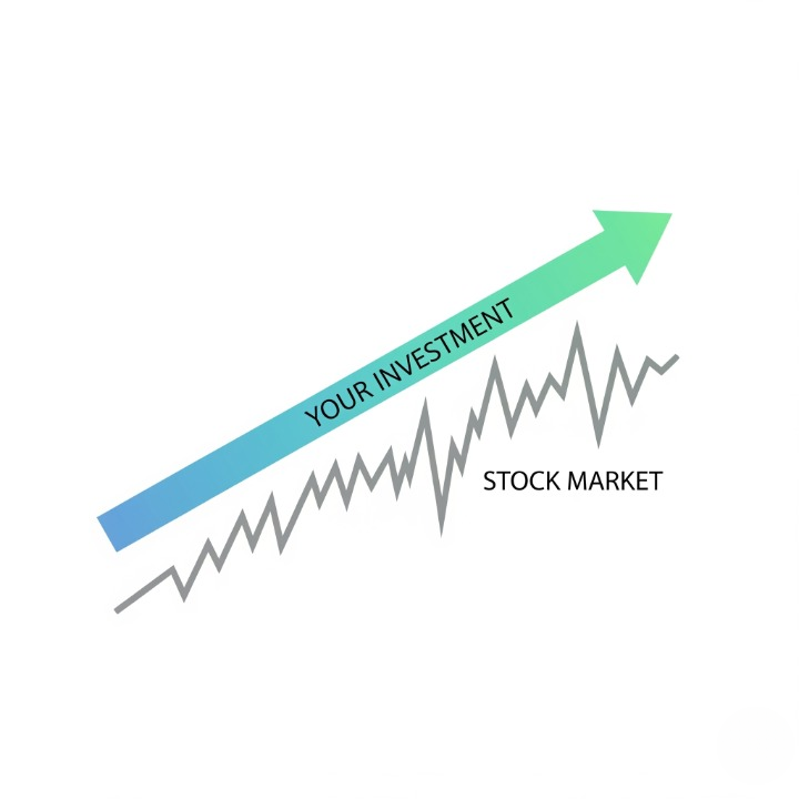 An illustration showing a smooth, straight arrow labeled "Your Investment" moving steadily upwards through a volatile, jagged line representing the stock market. This symbolizes how dollar-cost averaging provides a consistent investment strategy that ignores short-term market fluctuations.