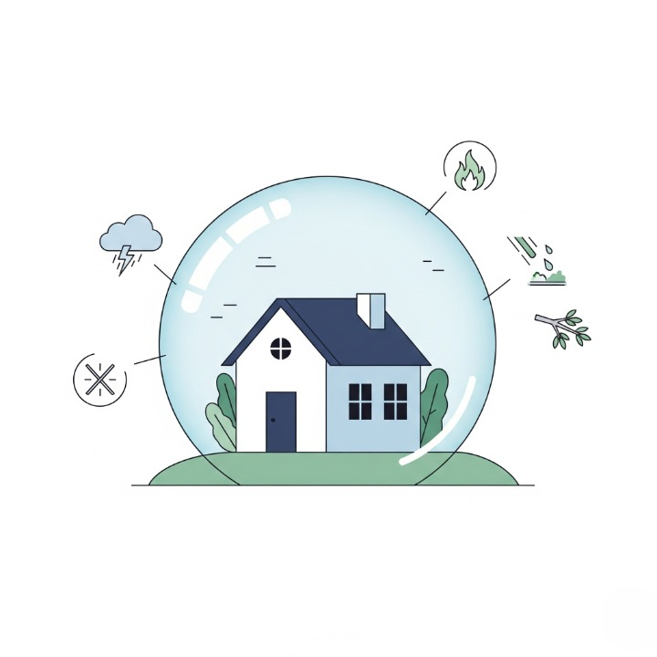 An illustration of a house protected by a large, transparent shield from outside risks like storms and fire. This image symbolizes how homeowners insurance provides a crucial layer of financial protection for your home.