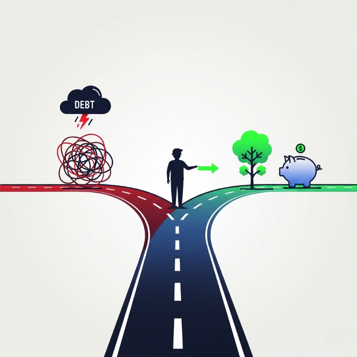 An illustration of a person choosing between two paths. One path is chaotic and represents common money mistakes, while the other is clear and organized, representing good financial habits. This symbolizes the act of fixing your finances to achieve your goals.