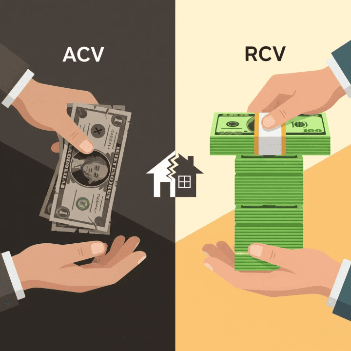 A split-image illustration comparing insurance payouts. The "Actual Cash Value (ACV)" side shows a small payout of old bills, while the "Replacement Cost (RCV)" side shows a large payout of new bills. This symbolizes the difference between the two valuation methods.