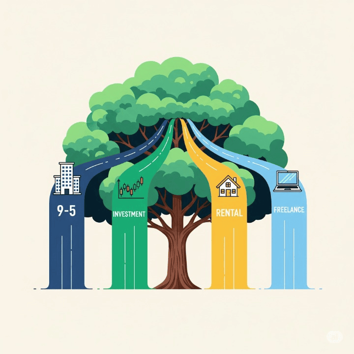 An illustration of a large, healthy tree being nourished by several different streams of water. Each stream has an icon for a different income source, such as a job, investments, and real estate, symbolizing the concept of building multiple income streams for financial growth.