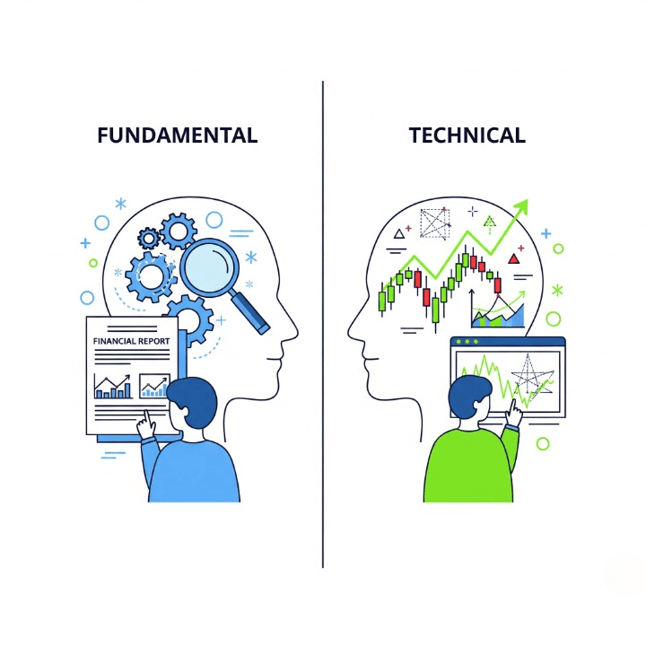 A split-image illustration comparing two investment analysis methods. The "Fundamental Analysis" side shows a person studying a company's financials. The "Technical Analysis" side shows a person studying a stock price chart. This symbolizes the core difference between the two approaches.