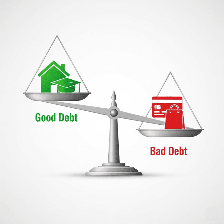 An illustration of a balance scale weighing "Good Debt," represented by a house and graduation cap, against "Bad Debt," represented by a credit card and shopping bag. This symbolizes the different financial impacts of various types of debt.