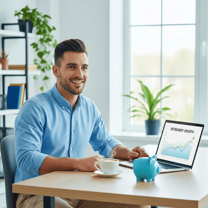 A hopeful young adult sits at a clean, modern desk, looking thoughtfully into the distance. On the desk, a laptop shows a positive financial graph moving upward, next to a ceramic piggy bank, symbolizing the start of a savings journey. This image represents the theme of the article: how to start planning for retirement early with a positive and proactive mindset.